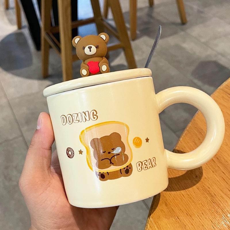 Kreative Keramiktasse mit Bär, Niedliche Cartoon-Kaffeetassen mit Deckel und Löffel, Frühstücks-Milchgetränkebecher, Wasserbecher für Paare, Bürotassen-Set