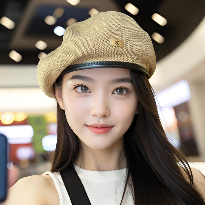 

Женский японский вязаный берет с кожаным козырьком - Омолаживающая ретро шляпа художника для более стройного вида Adjustable чёрный