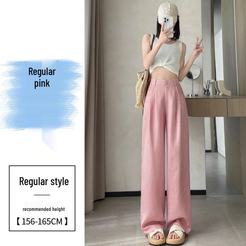 Ice Silk Cotton Linen High-Waisted Wide-Leg Pants for Women – Summer 2026 Drapey, Straight-Leg Casual Suit Style