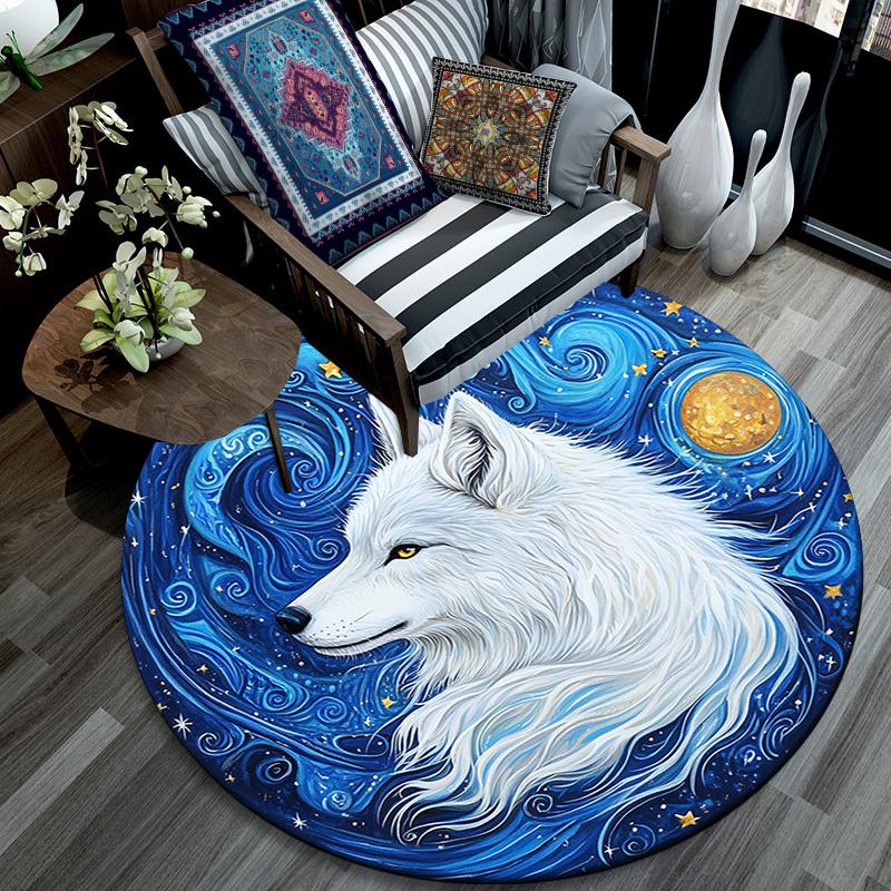 White Wolf Round Area Rug,Carpet Rug for Living Room Bedroom Sofa Playroom Decor,Non-slip Floor Mat