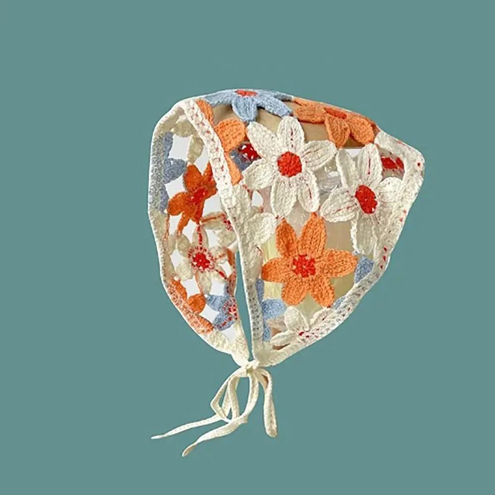 1Pc Knitted Triangle Headband French Pastoral Style Headscarf Hat Little Flower Handmade Crochet Headband Towel Spring Summer