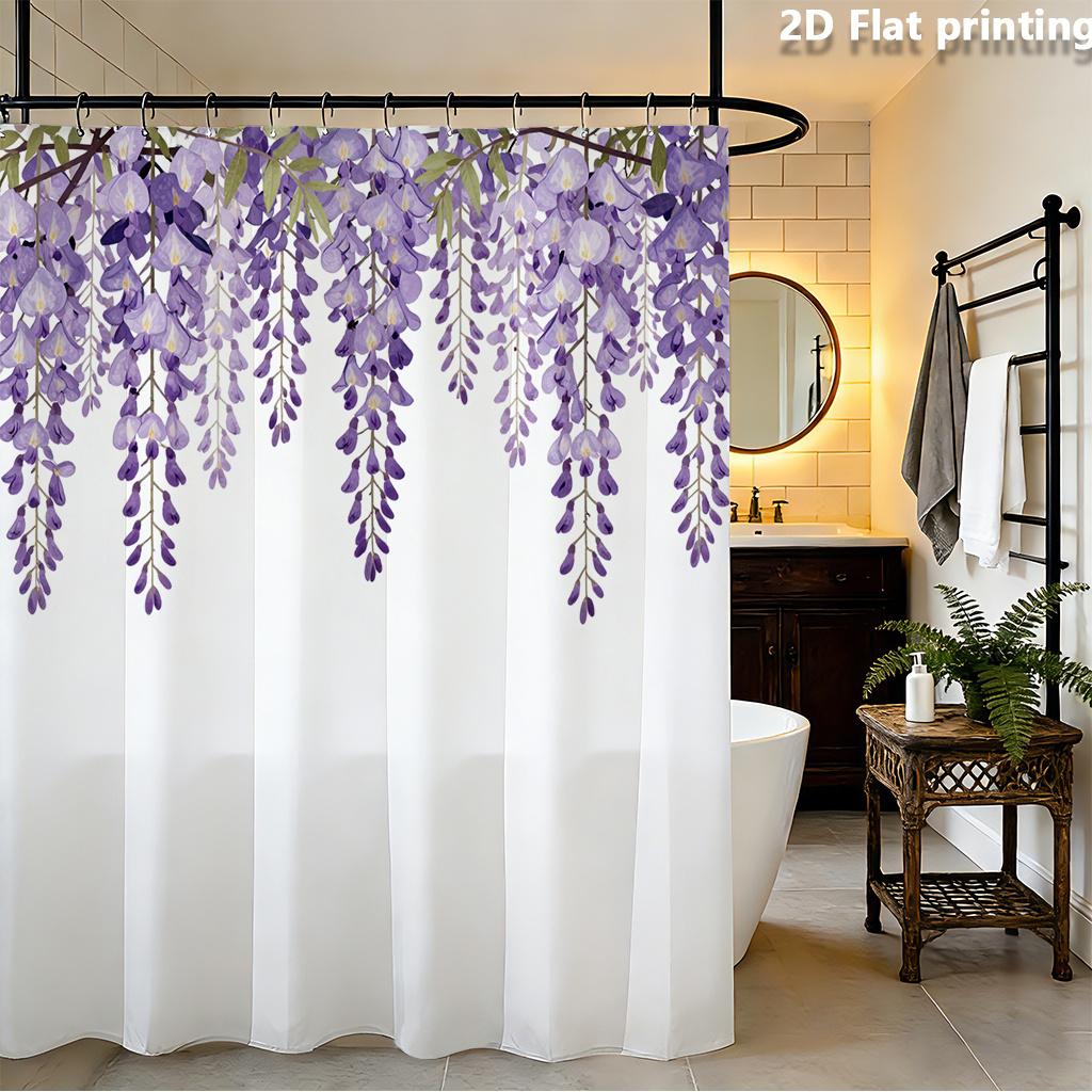 Watercolor Purple Wisteria Shower Curtain 1Pc Polyester 70.8X70.8 Inch Hanging Blooms On Ivory Background Bathroom Decor