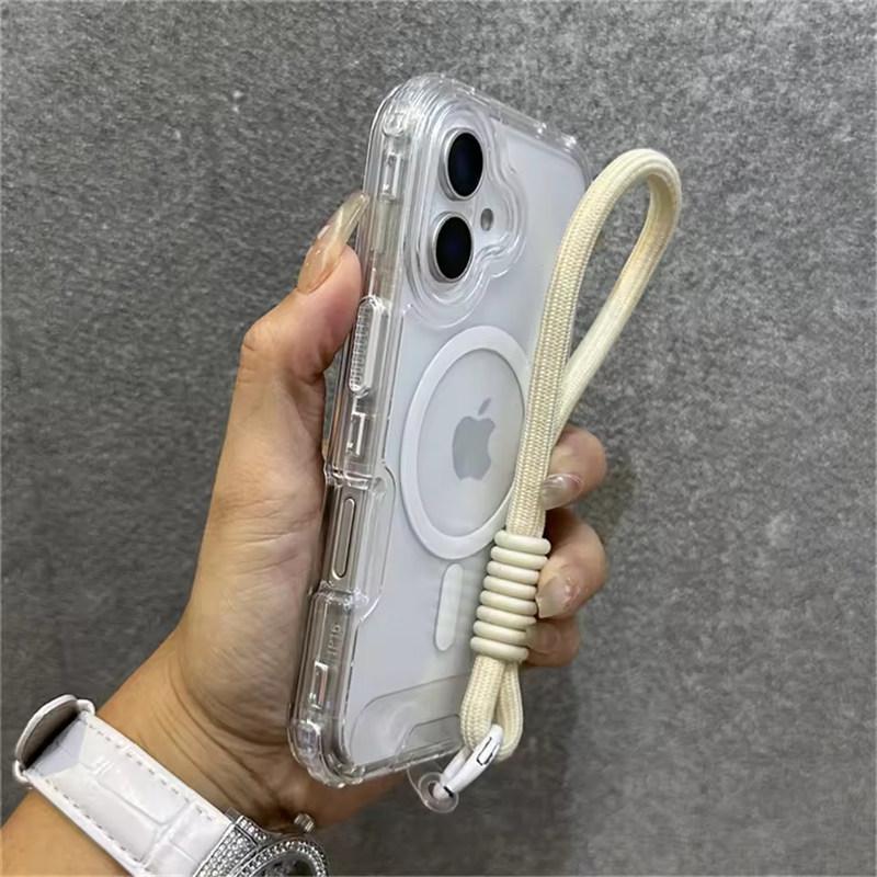 Luxury With Lanyard Clear For Magsafe Phone Case For iPhone 14 11 12 13 15 16 Pro Max Shockproof Armour Wrist Strap Back Cover