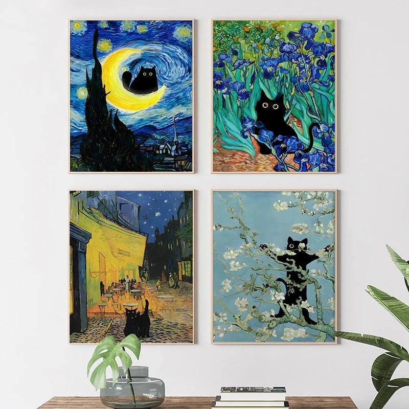Die Sternennacht Van Gogh Berühmte Kunstwerke Schwarze Katze Lustige Poster Leinwanddruck Gemälde Reproduktion Wandkunst Wandgemälde Heimdekor