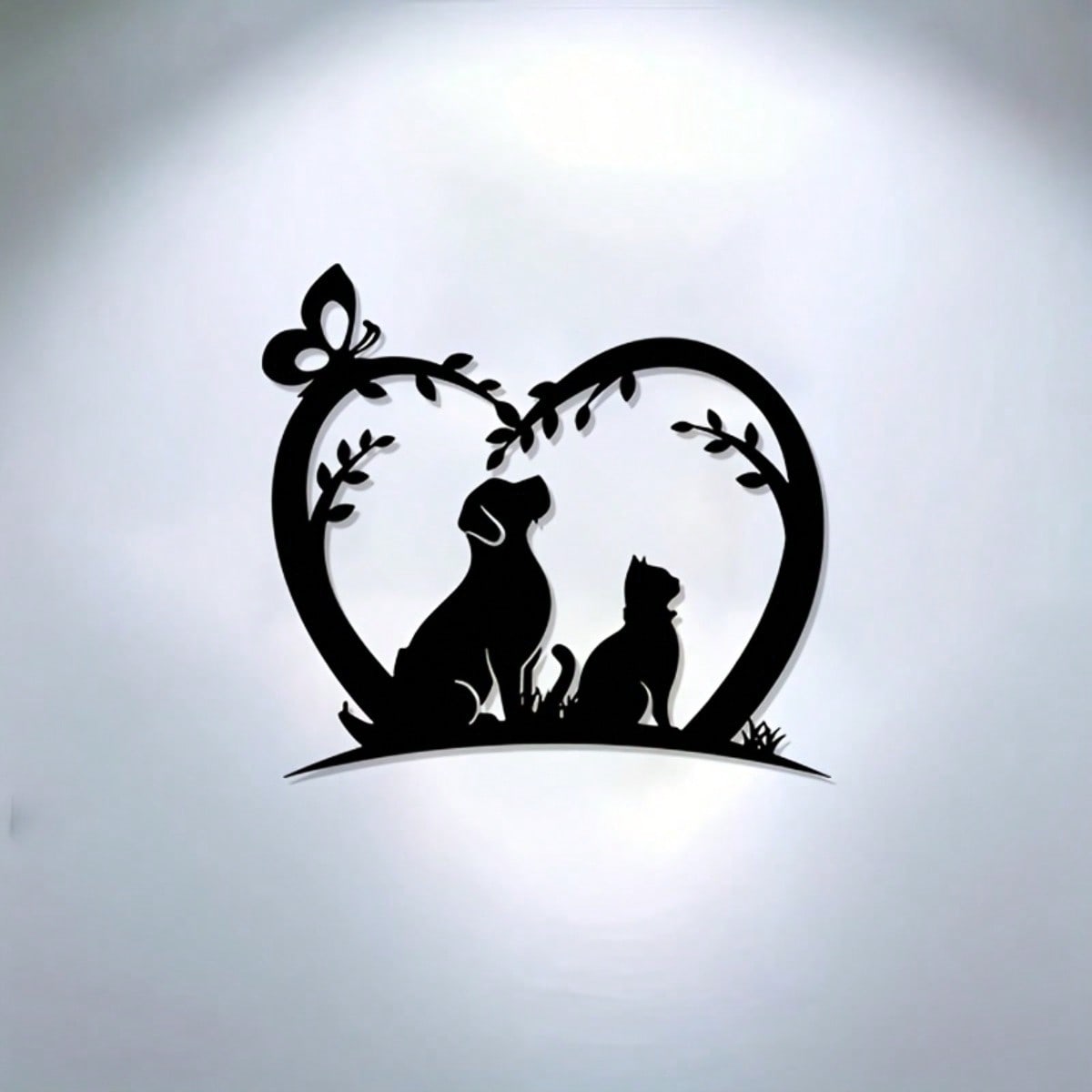 Steel Heart Sculpture with Dog Cat on Branch Butterfly Home Garden Decor