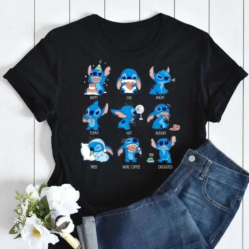 New Disney Women T-shirt Kawaii Lilo Stitch Print Tee Shirts Fashion Short Sleeve T Shirt Female Streetwear Y2k Clothes Top