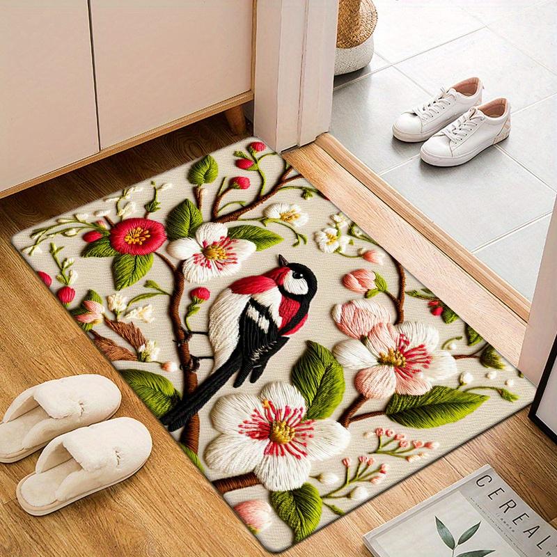 Sparrow Floral Area Mat Carpet, Red White Black Sparrow Design Non-Slip Absorbent  for Kitchen Bathroom Bedroom Decor