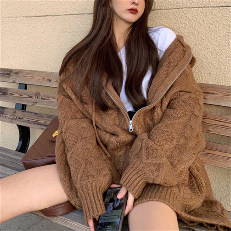 Korean Knit Cardigan Hooded Women Fashion Winter Casual Loose Zipper Thick Sweater All Match Female Streetwear Coats