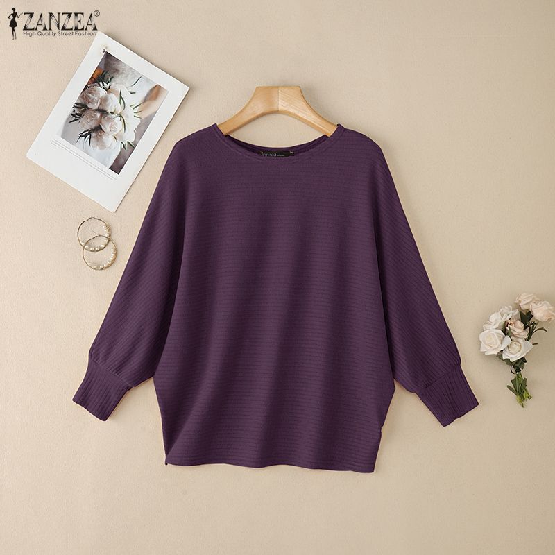 ZANZEA Women Casual O-neck Solid Color Bat Sleeve Rib Thin Blouse Tops