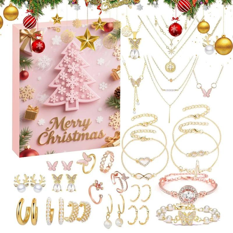 Weihnachtsschmuckkalender Advents-Weihnachts-Advents-Mädchen Ohrring-Armband-Set Feiertagskalender für Frauen Mädchen