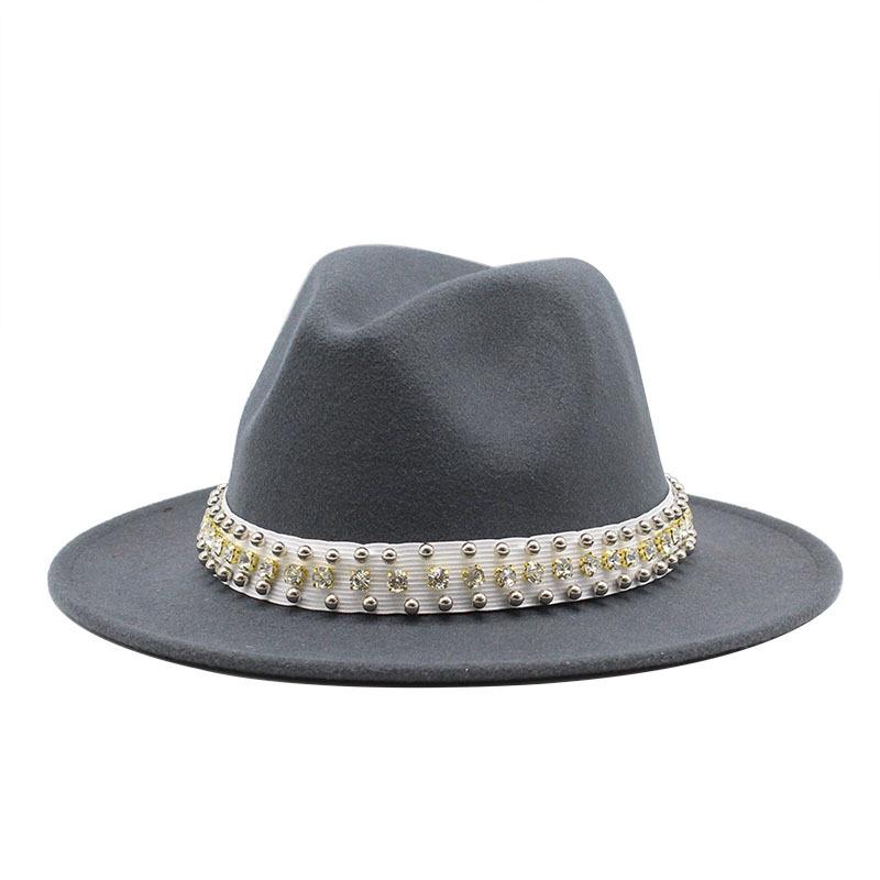 Diamond Pearl Woolen Top Hat Gentleman'S Jazz Hat Flat-Brimmed Cornice Hat