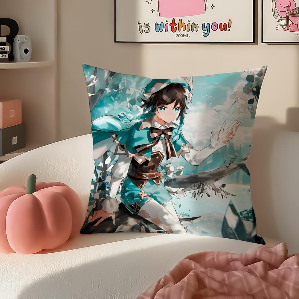 Game Genshin Venti Cushion Cover Pillowcase Short Plush Invisible zipper Room Sofa Cushion Cover