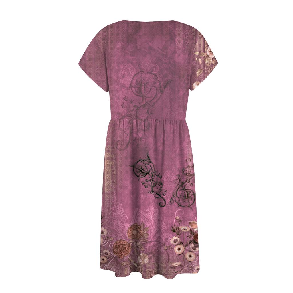 Women's Round Neck Summer Fly Sleeve Casual Printed Loose Button Pocket Midi Dresses