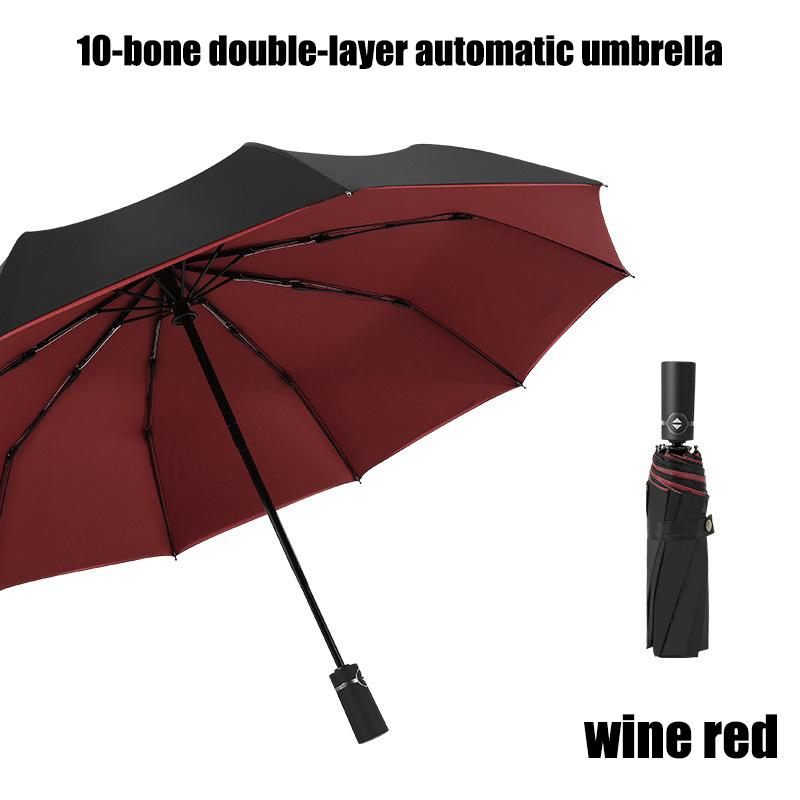 

Однотонный ветрозащитный двухслойный зонт Полностью автоматический зонт Большой размер Дождь и дождь Двойного назначения Бизнес Складной зонт 10K вино красного