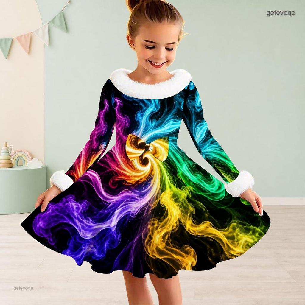 Girls Furry Collar Long Sleeve Galaxy Printed A Line Flared Dress