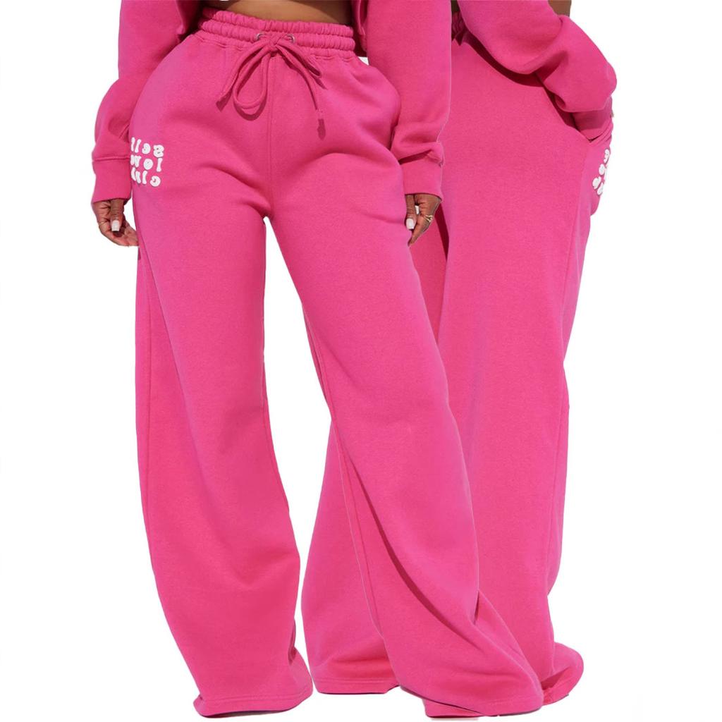 2026 Autumn Women's Casual High Waist Drawstring Sweatpants, Elastic Waist Pocketed Wide-Leg Pants with Letter Print, Pink Long Trousers
