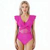 Women's  Contrast Mesh One Piece Swimsuit, V Neck Solid Color Backless Tummy Control High Cut Bathing Suit