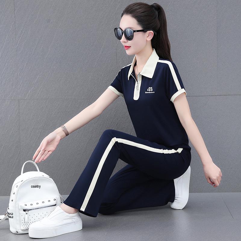 2024 Women's Ice Silk Summer Sports Two-Piece Set: Stylish Short-Sleeve Top & Long Pants