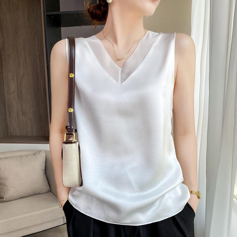 

Женская майка с V-образным вырезом на весну, с широкими плечами и бретелями-спагетти из ледяного шелка, с сетчатой вставкой. XL