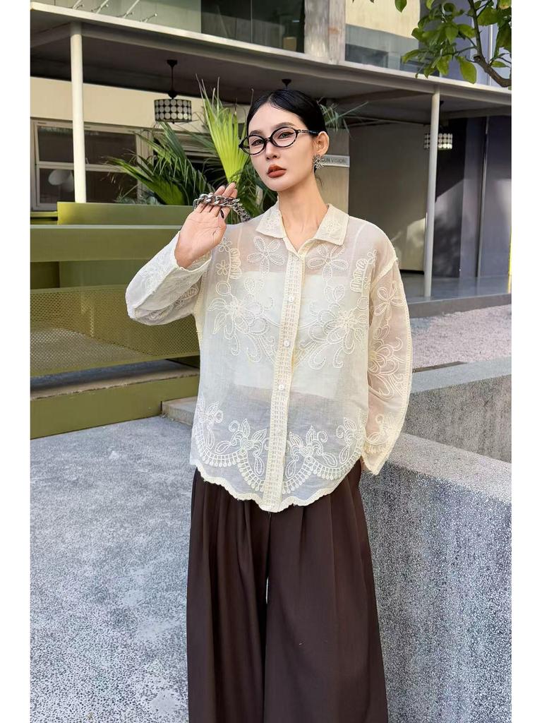 Korean Style Casual Embroidered Long Sleeve Shirt with Irregular Polo Collar