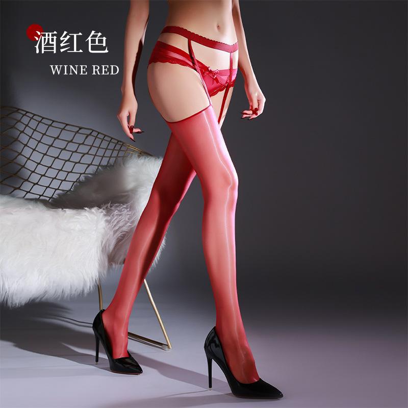 Qinghe Sexy Suspender Socks 1D Ultra-thin Oily Transparent Stockings Aurora Red Edge Black Silk Contrasting Color Interest Open Gear Free