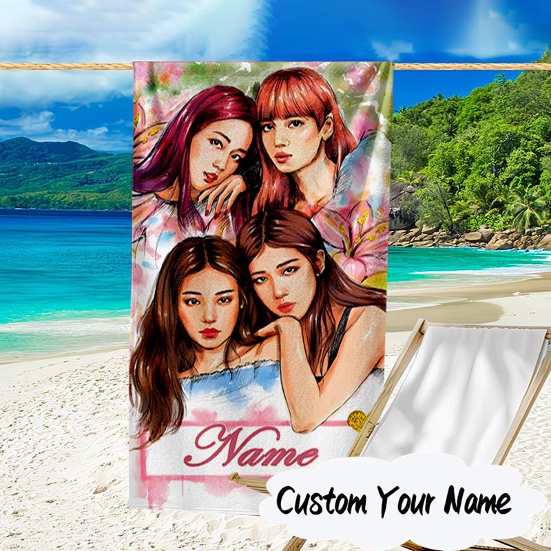 Custom Name Floral Fantasy Kpop Microfiber Beach Towel Super Soft & Absorbent for Bath, Beach, Travel Bath Time Accessory, Fan Gifts