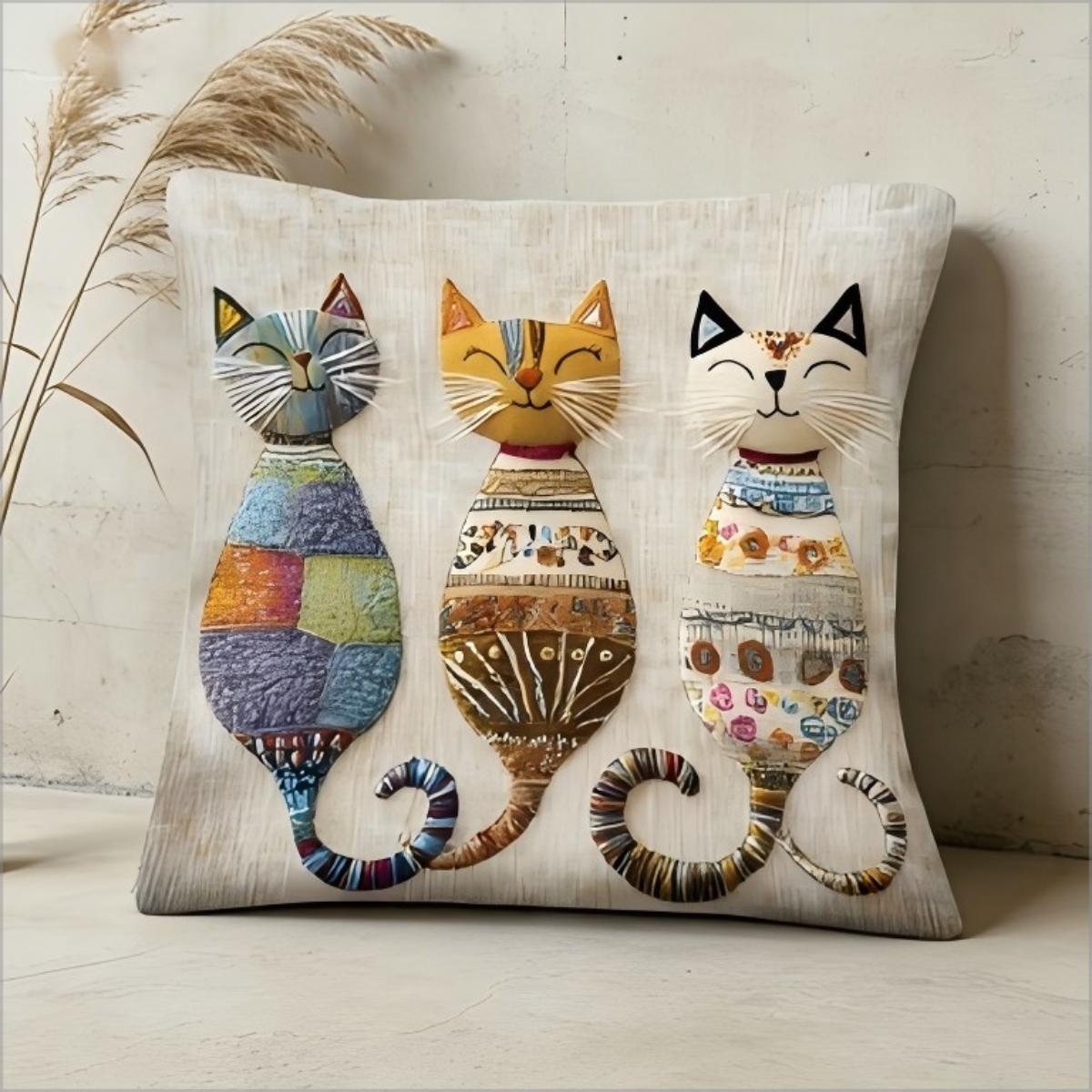 Bunte Drei-Katzen-Kissenhülle Boho-Druck Kissenbezug Skurriles Katzen-Trio Katzenliebhaber Sofa Wohnzimmer Geschenk Peach skin 50*50(CM)-1Pcs