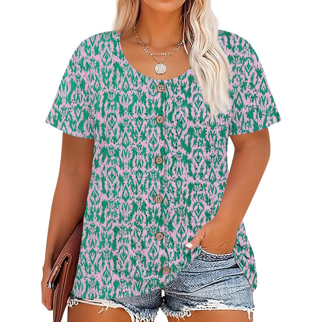 Plus Size Women's Fashion Casual Vintage Printed O-Neck Short Sleeve Button T-Shirt Top