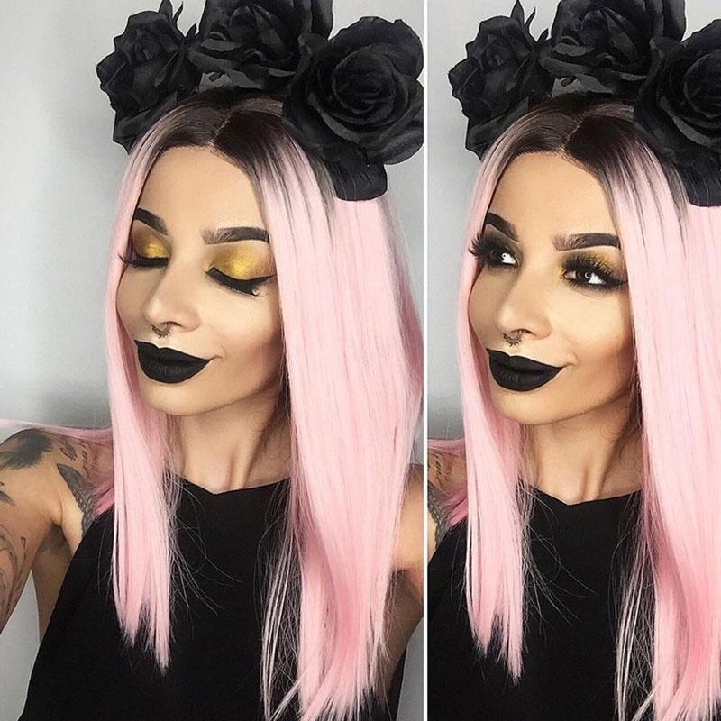 Baby Pink Short Bob Synthetic Wig Straight Pastel Hair Sexy Cute Color Women Trendy Wigs With Black