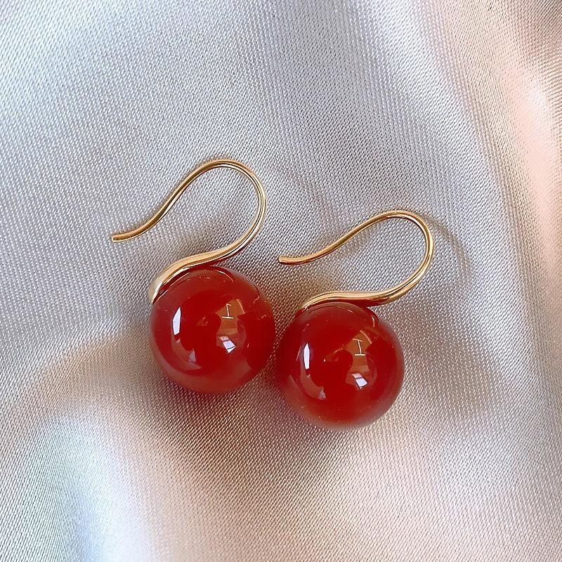 Women Red Agate Hook Earrings Simple Fashion Retro Jewelry