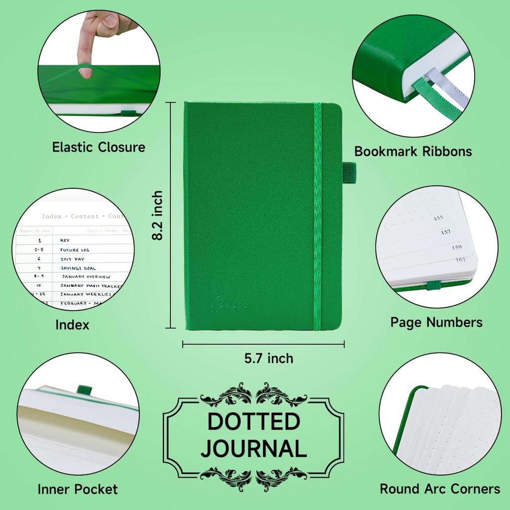 Feela Bullet Journal Syntetický A5 Tečkovaný Zahrnuté Pero, Kůže, Velikost, Mřížka, (Zelená)