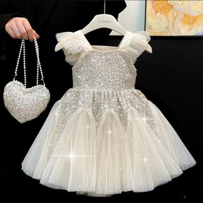 Kids Girl Clothes Sequined Flying Sleeves Summer Party Dresses for Girls Elegant Mesh Vest Skirt Princess Dress Evening