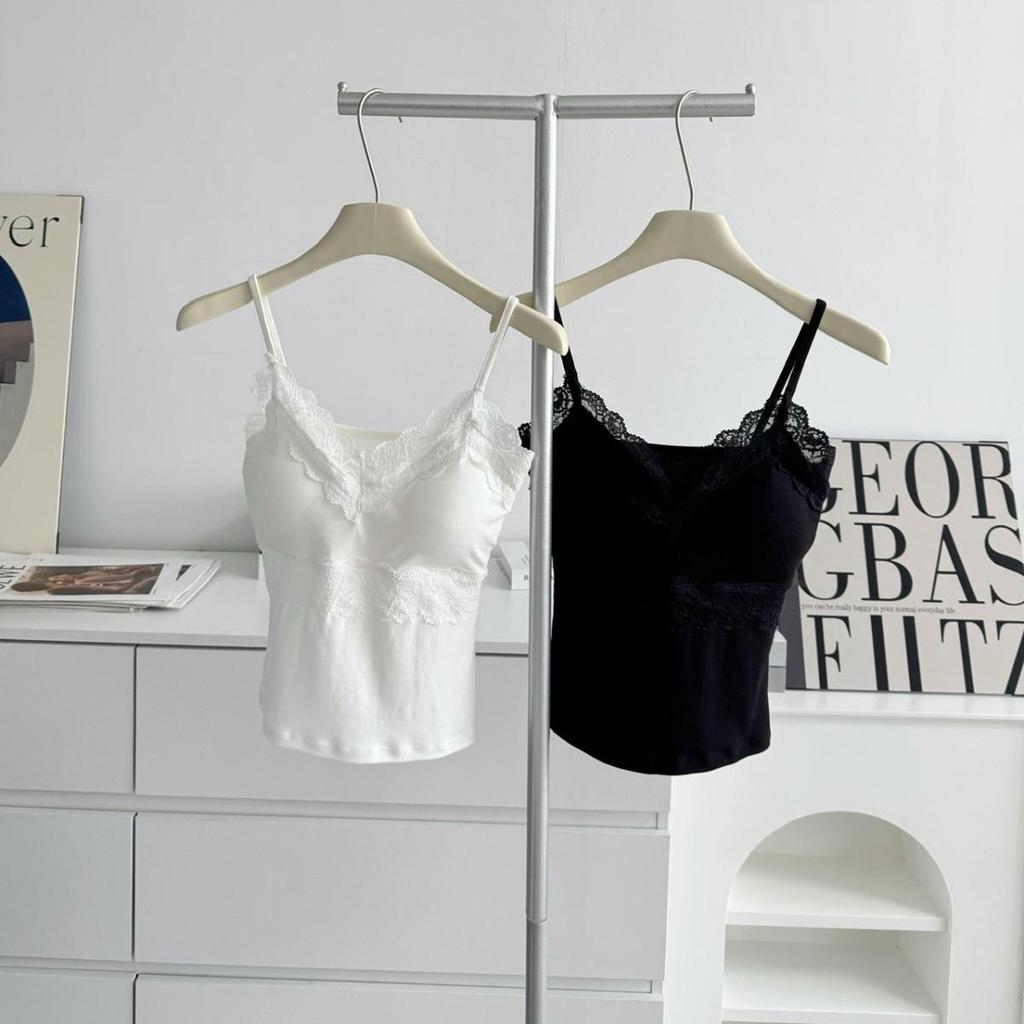 Elegant White V-Neck Lace Camisole with Chest Pad for Women