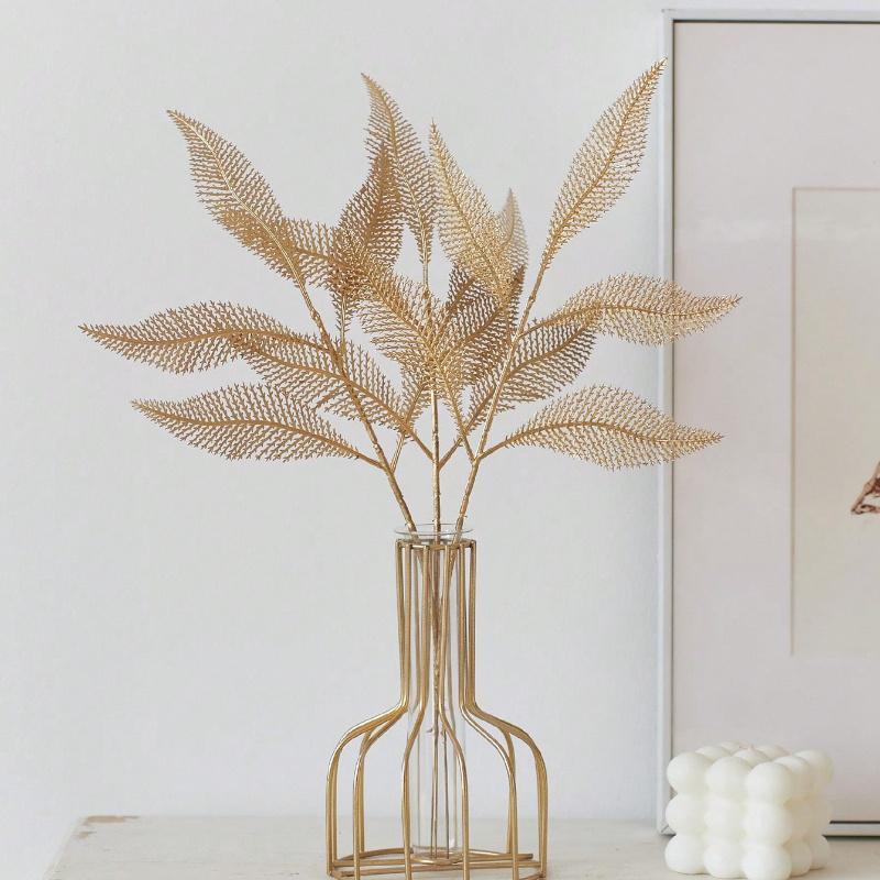 Gold Artificial Leaf Sticks Fake Plants Golden Plastic Leaf Fake Rose Leaves Faux Plant Bushes Artificial Plants for Indoor Outdoor Home