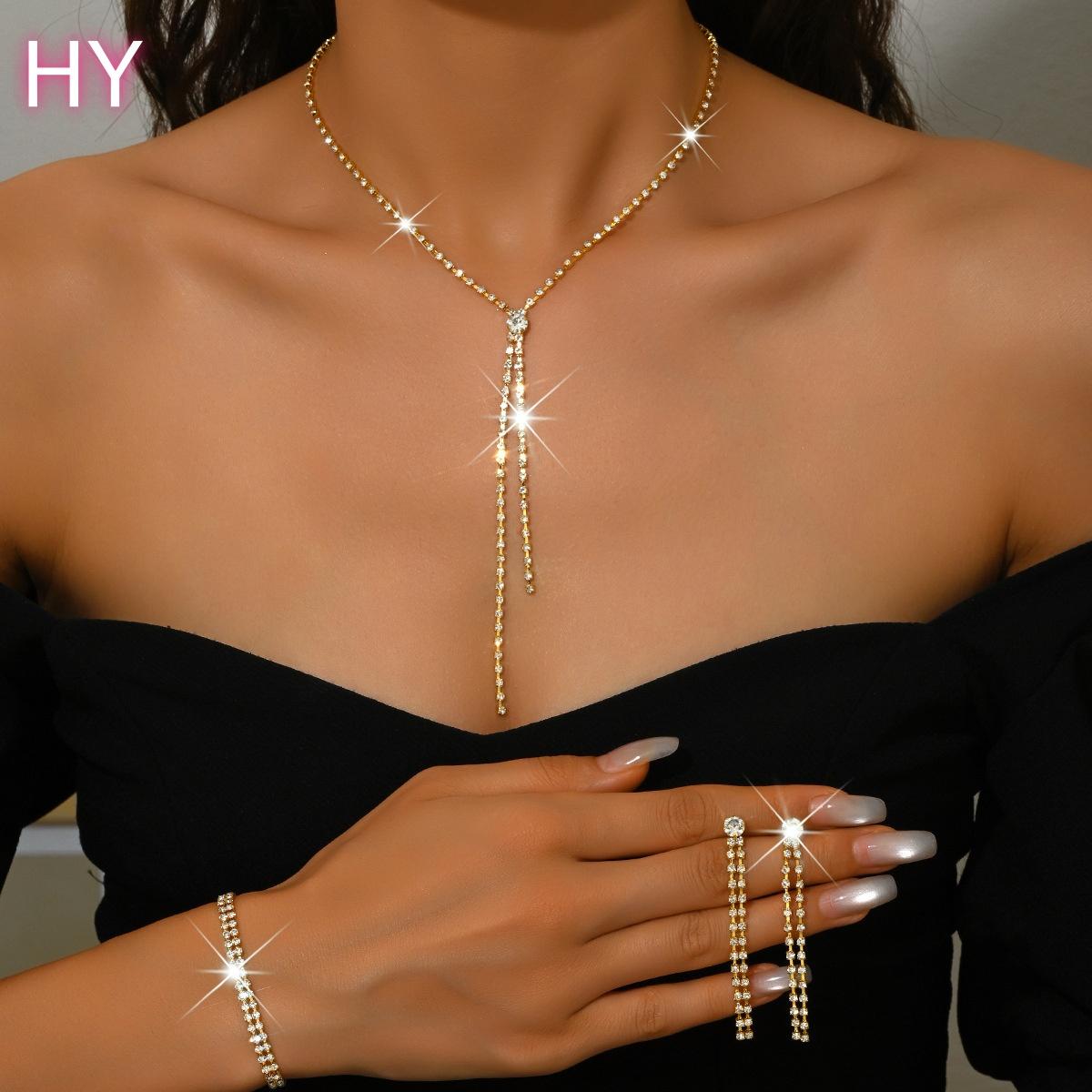HY Fashionable and Personalized Multi-layer Chest Chain Tassel Necklace Earrings Bracelet Jewelry Set Rhinestone Chain Jewelry
