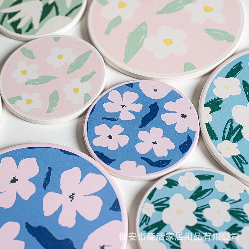 Insulation Mat, Tea Coaster, Round Flower Pattern, Creative Personalized Bowl Kettle Mat, Diatomaceous Earth Absorbent Coaster