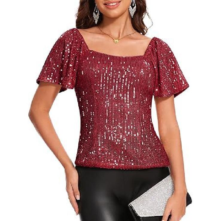 2026 Women s Fashion Square Neck Short Sleeve Sequin Puff Sleeve Versatile Shirt S ярко-красный