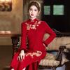 Womens Red Knit Jacquard Winter Cheongsam Dress VintageStyle Long Sleeve Formal Gown Wedding Banquet