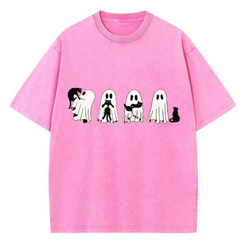 Cartoon Cat With Ghost Print Women T-Shirt Oversized Crew Neck Wash Loose Short Sleeve Unisex Minimalist Top Cute Sweetheart Y2k