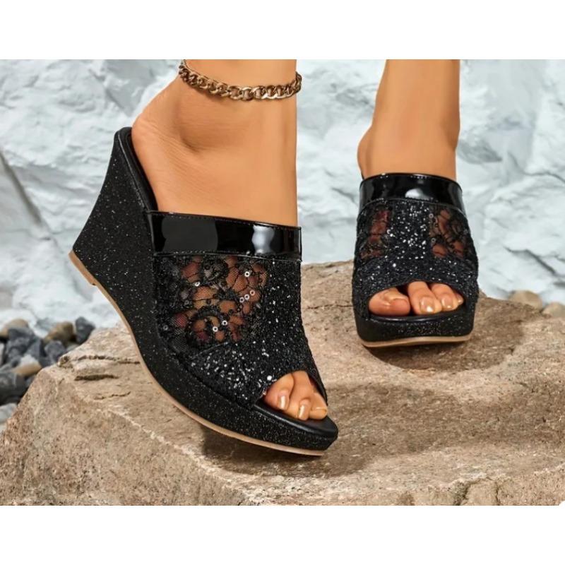 

Высококачественные летние новые однотонные женские сандалии с пайетками и кружевом-43 большой размер на высоком каблуке женские сандалии 43 чёрный