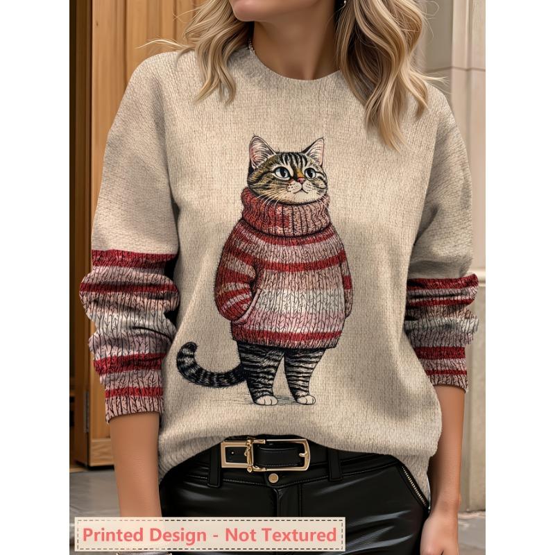 Trendy Women's All Over Printed Long Sleeve Lightweight Sweater | Ultra HD Cat Pattern, Universal Crew Neck | Casual Elegance Style