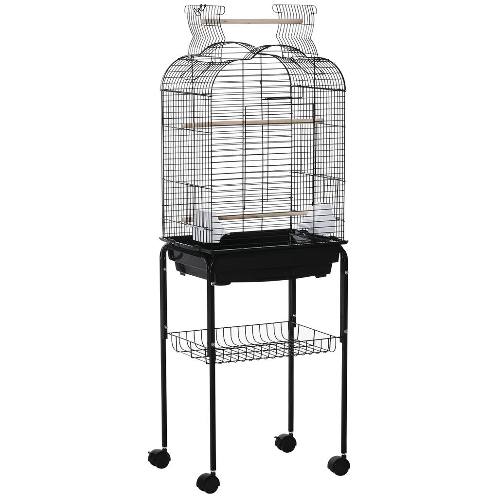 Bird Cage with 3 Perches, 2 Bowls and 2 Side Doors, Made of Steel, PP and Wood, 46x36x130 cm, Black