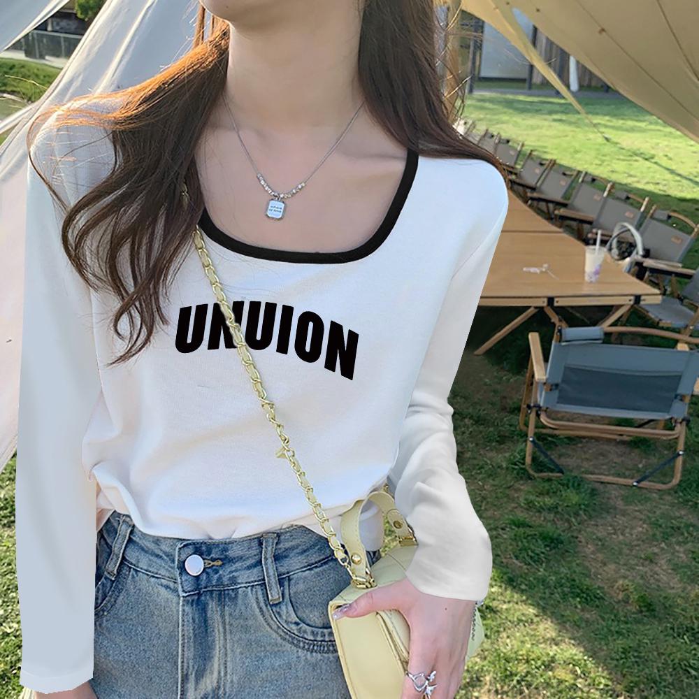 

Women s Off-White Square Neck Color Block Long Sleeve Slim Fit Cotton Top L [100-115 lbs]