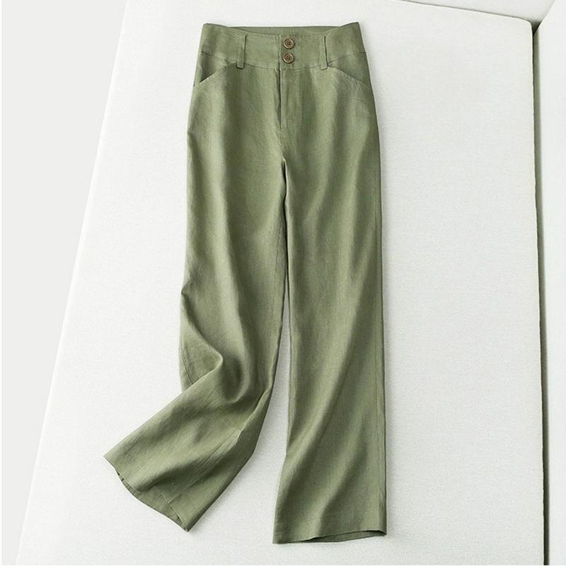 Falling Linen Straight-leg Pants Women's Summer Semi-elastic Slimming Casual Pants Cotton and Linen Wide-leg Trousers