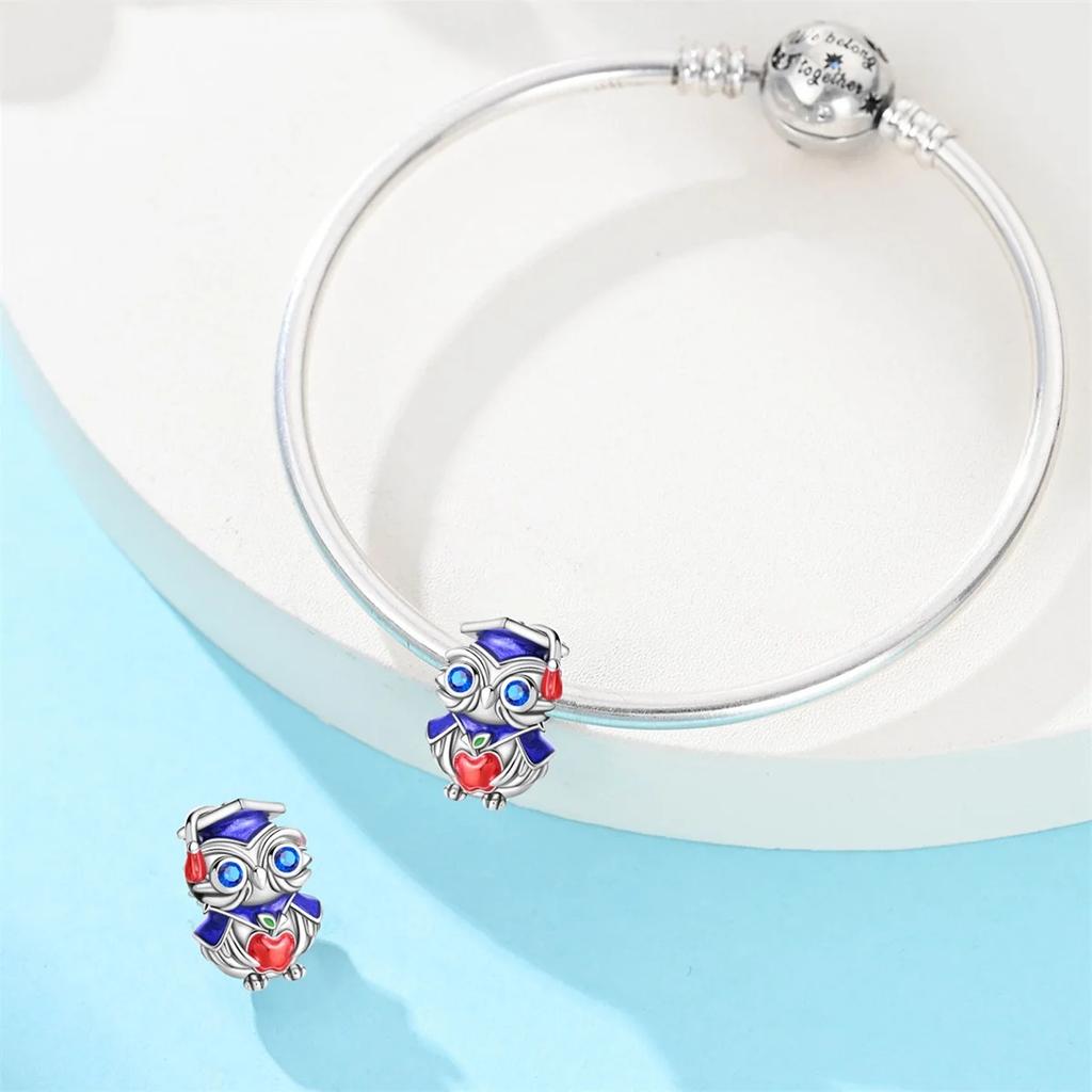 Charms Original Copper Blue Graduation Owl Beads Fit Bracelet Diy Fine Gift Women Delicate Jewelry Accessory