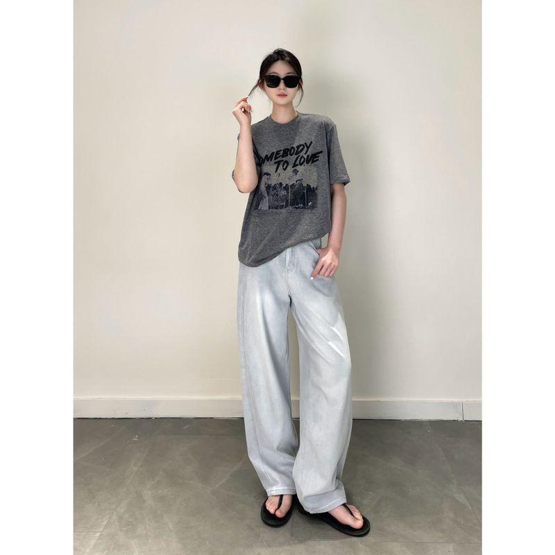 

Zhiyu In Stock ~ Qin Lan Same Type Ruins Rock Retro Washed Distressed Digital Print Loose Slimming Cotton T Gray M