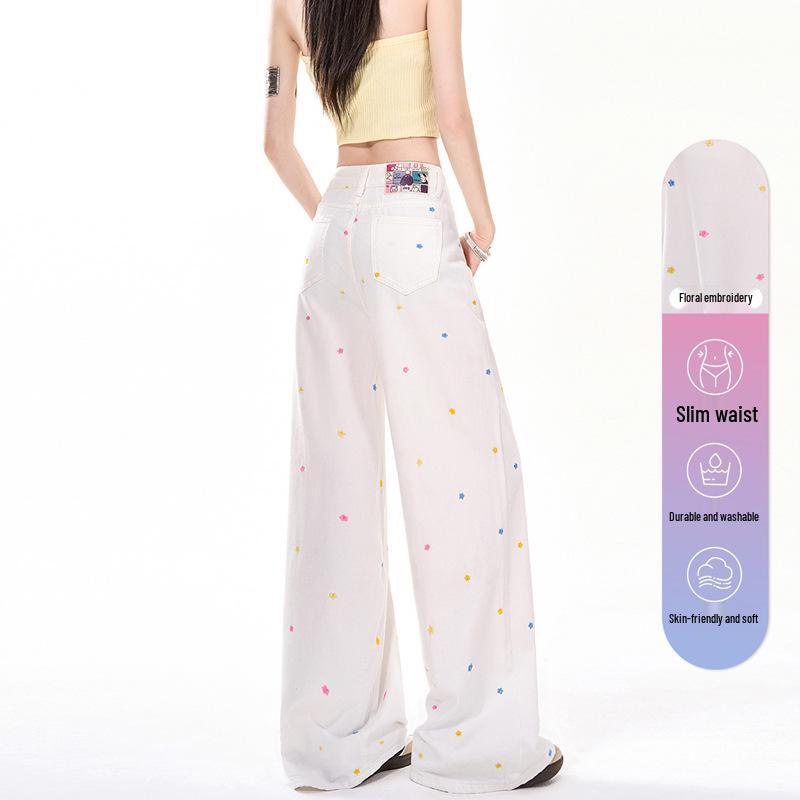 

High-Waisted Wide-Leg Women s Jeans with Floral Embroidery - Winter 2025 Collection, Slimming Design, Floor-Length. 2XL грязно-белый