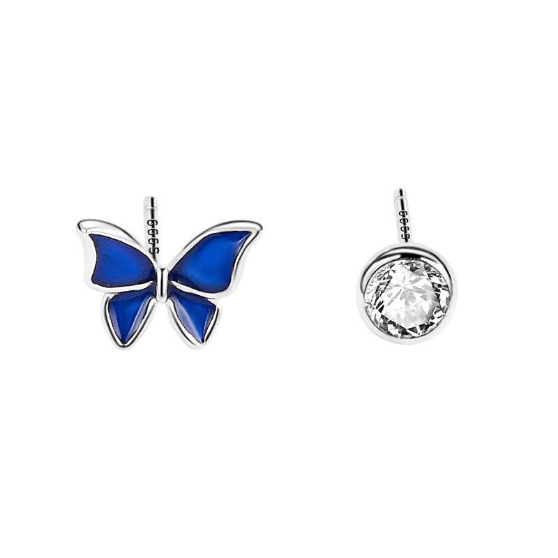Yongcheng Blue Butterfly Small Fresh Earrings Asymmetrical Design, Feeling, Ear Piercing, Super Fairy Earrings for Best Friend