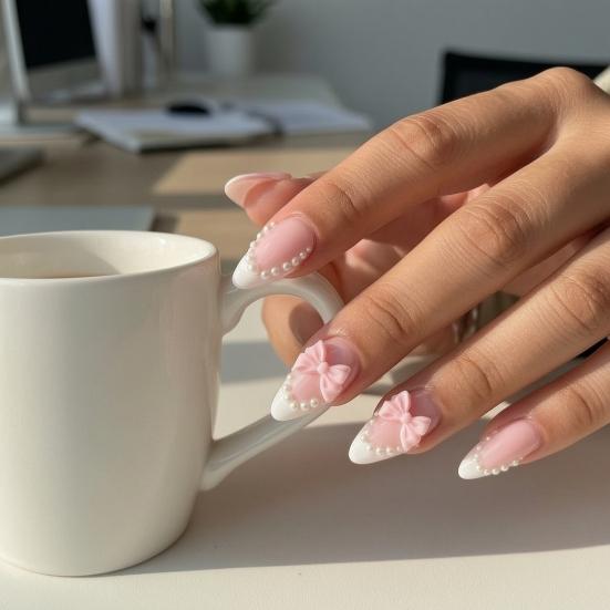 24Pcs Pink Bow Women Press on Nails, Faux Pearl Almond Stick-on Fake Nails, French Tip Glue on False Nails for Office Date Party Wedding