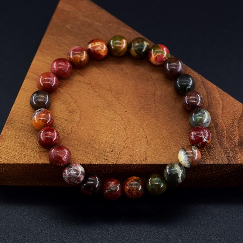 Natürliche Rote Picasso-Jaspis-Steine Perlen Elastisches Armband Männer Frauen Runde Rote Kiefernperlen Schmuck Heilkristall Jade Armreif Geschenk